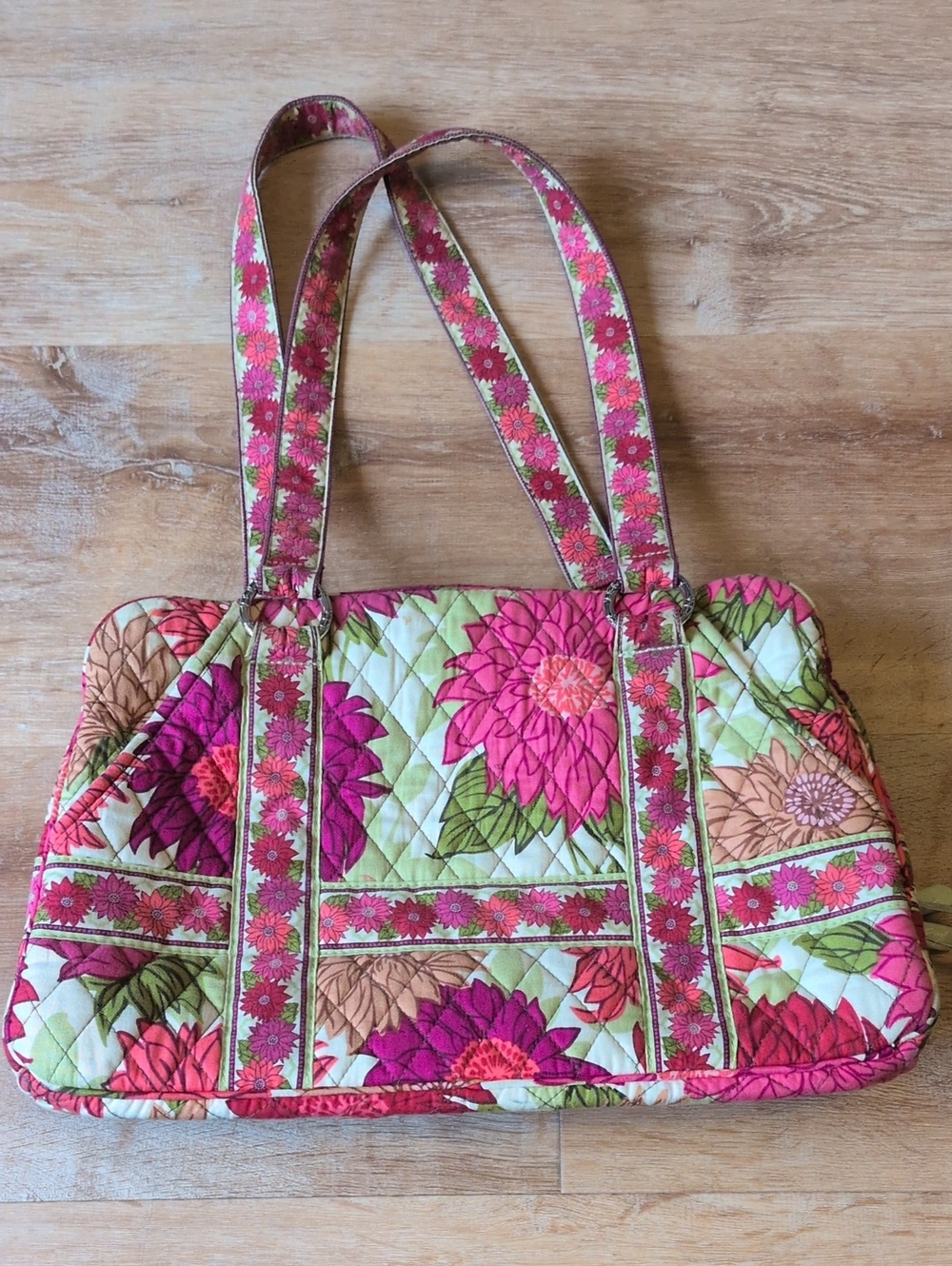 Vera Bradley Pink Floral Quilted Shoulder Tote with Green Accents